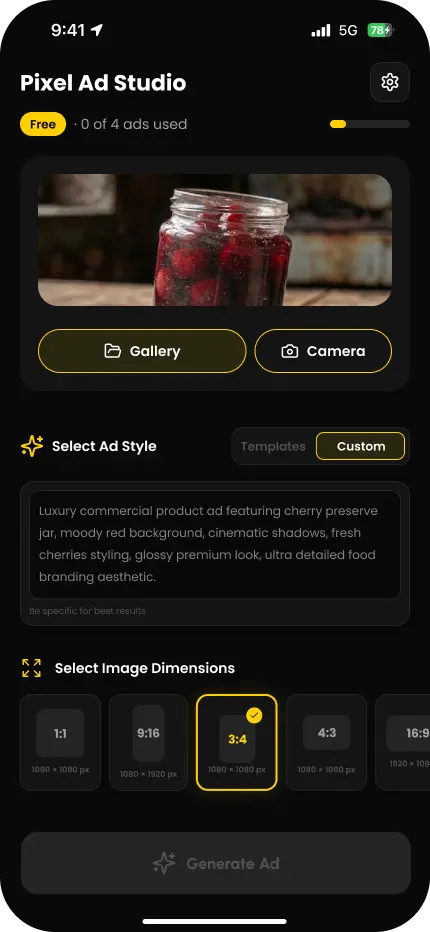 PixelAd app — generated product ad preview